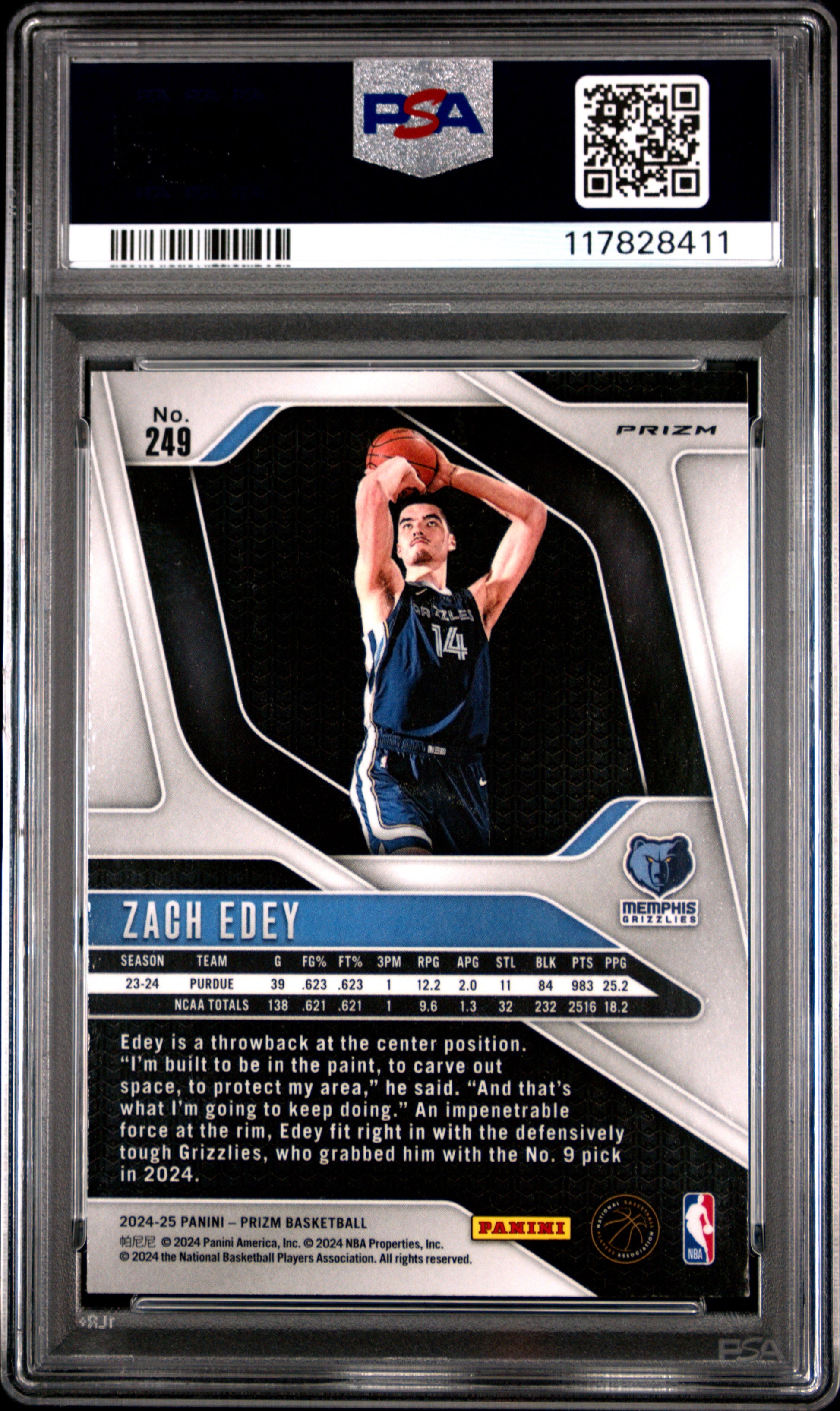2024 Panini Prizm #249 Zach Edey Silver Prizm PSA 9