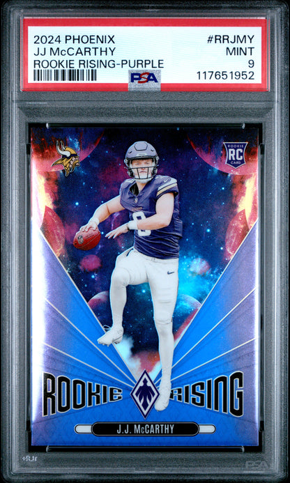 2024 Panini Phoenix Rookie Rising #RRJMY Jj Mccarthy Rookie Rising-Purple PSA 9