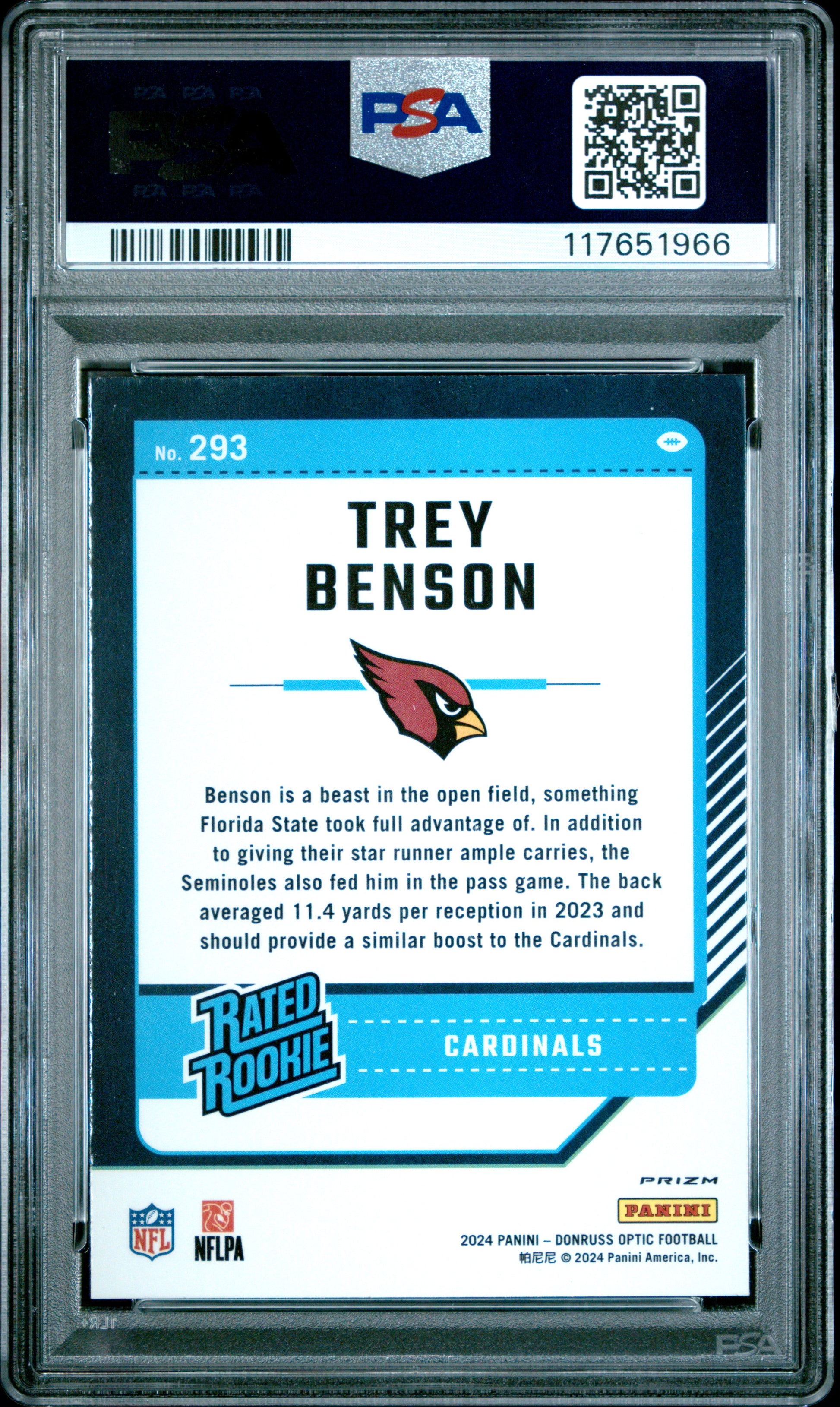 2024 Panini Donruss Optic #293 Trey Benson Green Velocity PSA 10