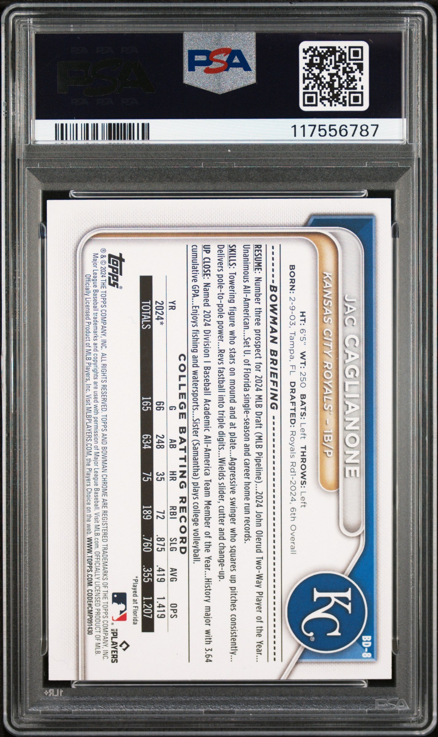 2024 Bowman Draft #BD8 Jac Caglianone PSA 9