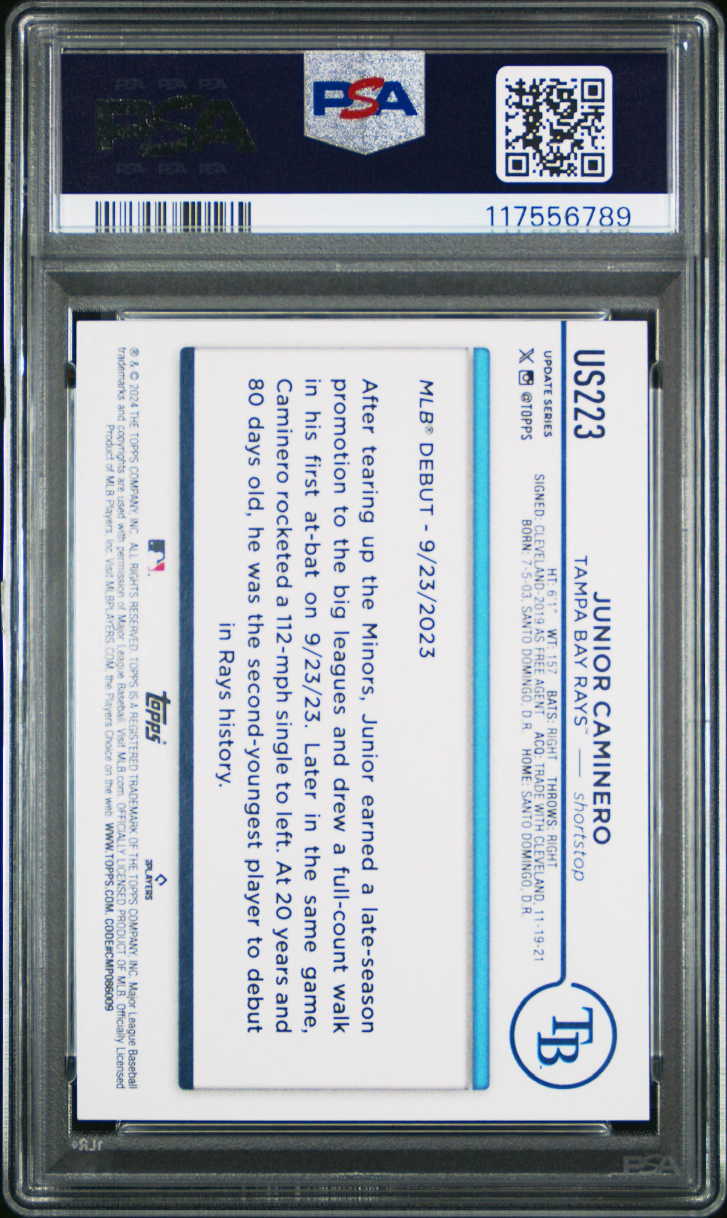 2024 Topps Update #US223 Junior Caminero Royal Blue PSA 10