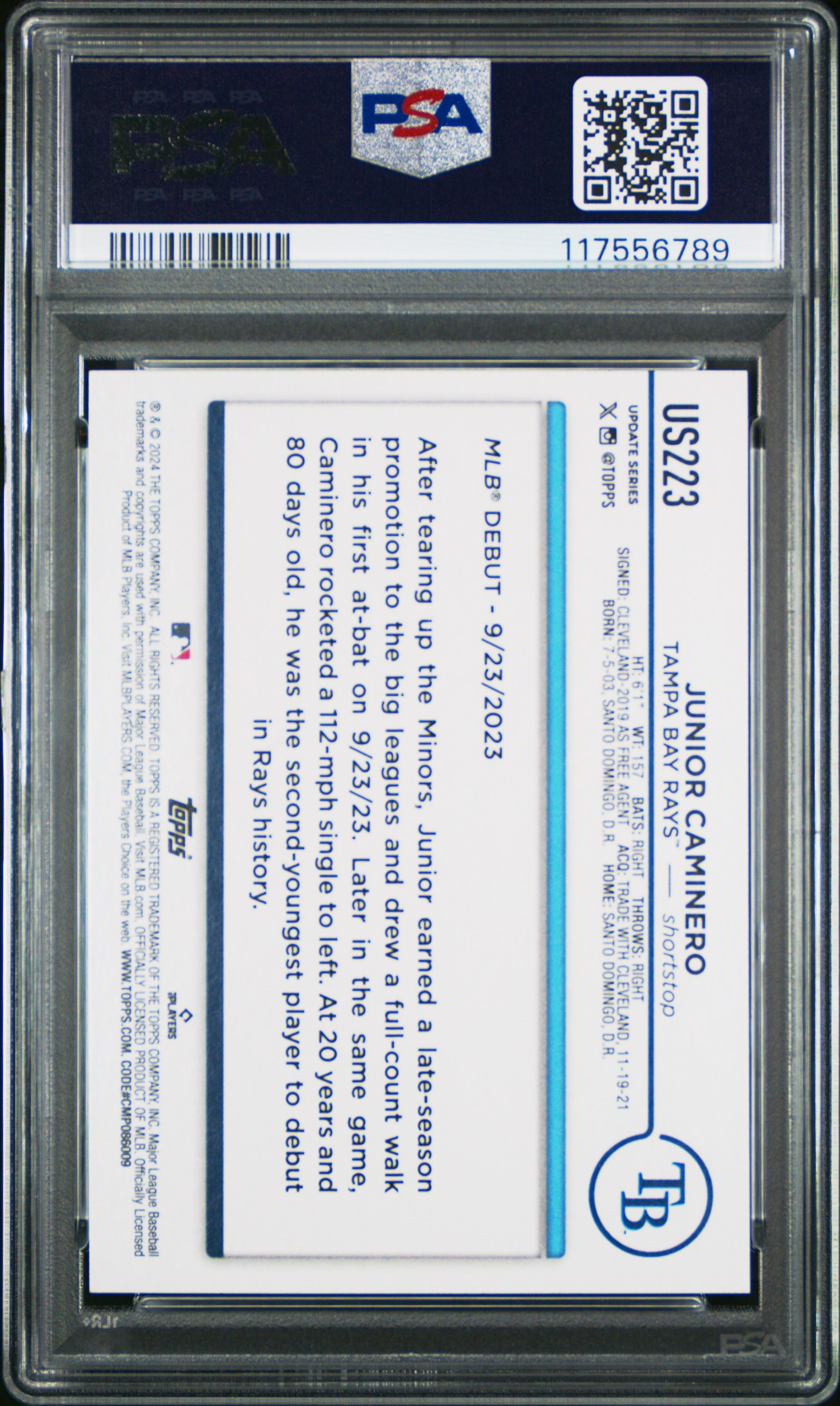 2024 Topps Update #US223 Junior Caminero Royal Blue PSA 10