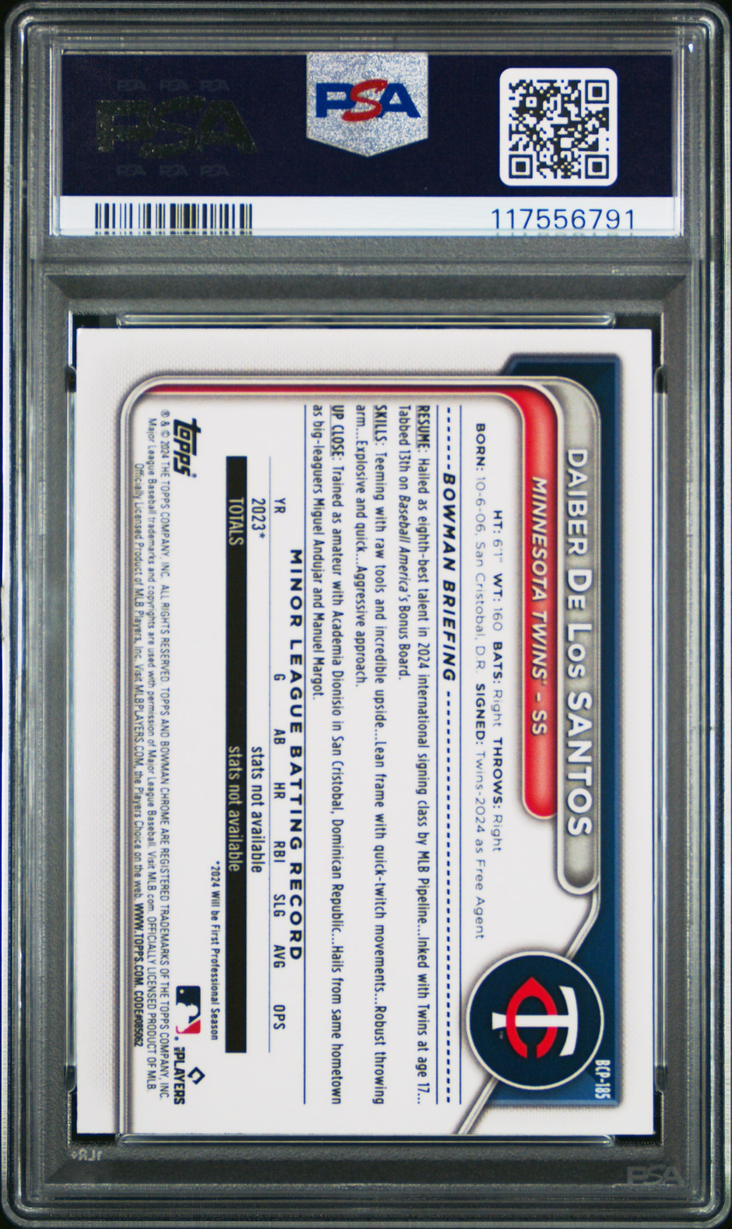 2024 Bowman Chrome Prospects #BCP185 Daiber De Los Santos-Fuchsia Shimmer PSA 10