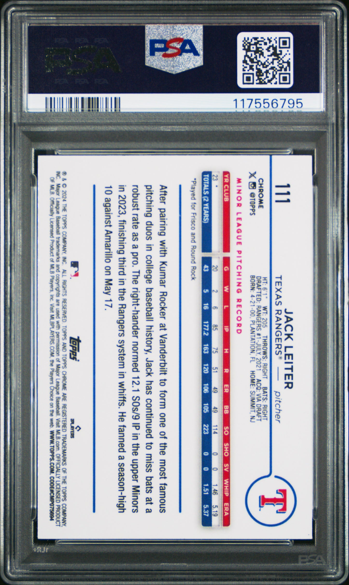 2024 Topps Chrome #111 Jack Leiter Sepia Refractor PSA 10