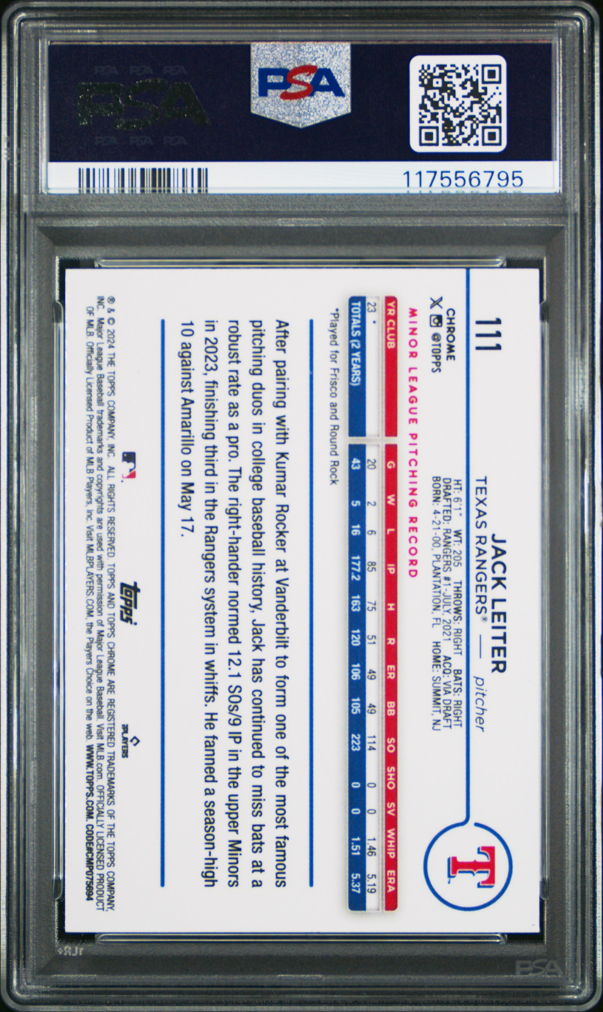 2024 Topps Chrome #111 Jack Leiter Sepia Refractor PSA 10