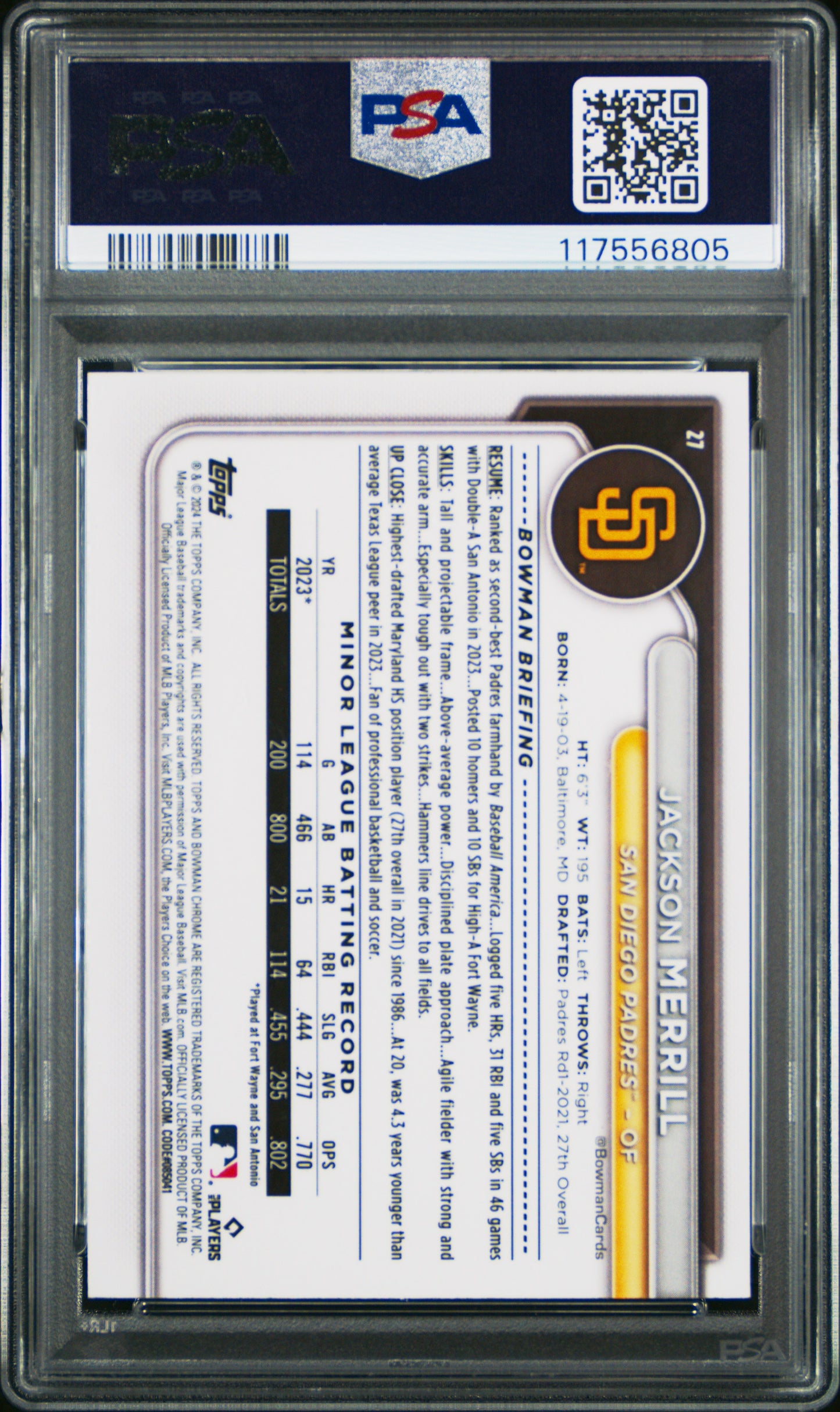 2024 Bowman Chrome Sapphire Edition #27 Jackson Merrill PSA 9
