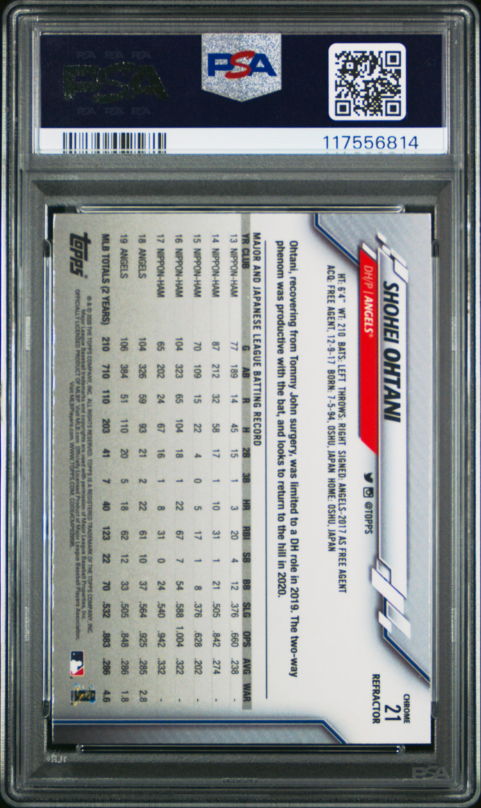 2020 Topps Chrome #21 Shohei Ohtani Pink Refractor PSA 10