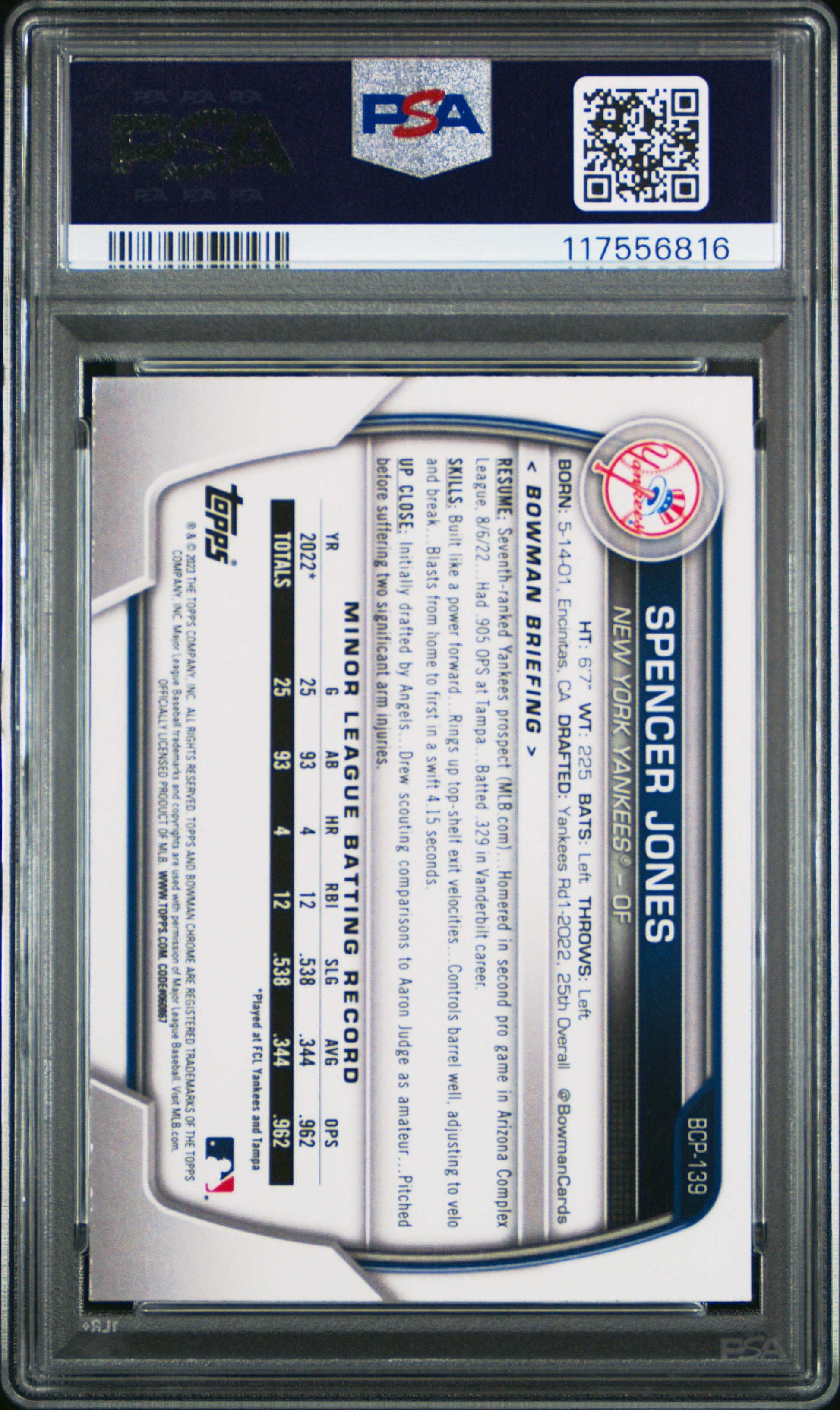 2023 Bowman Mega Box Chrome #139 Spencer Jones Chrome PSA 10