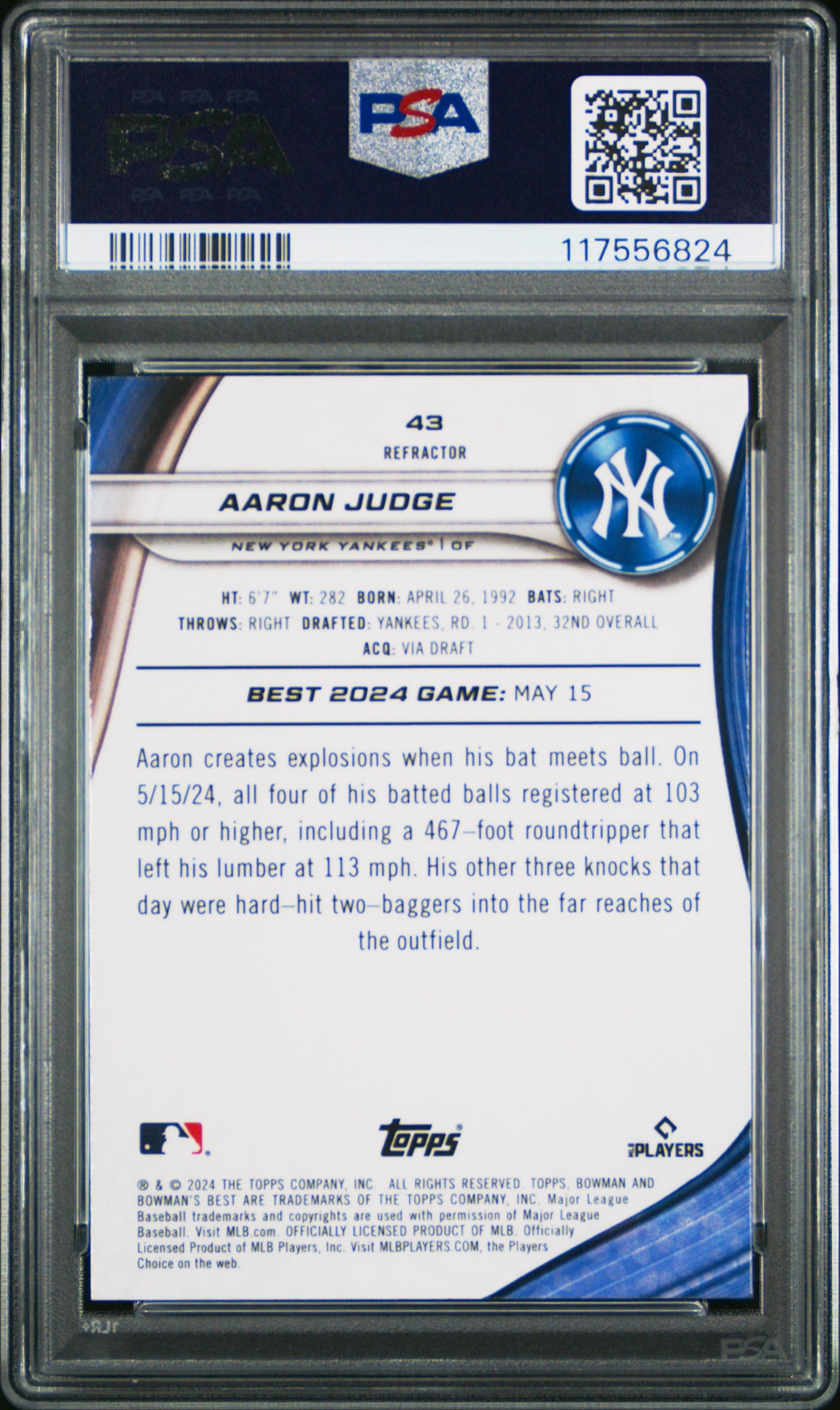 2024 Bowman'S Best #43 Aaron Judge Refractor PSA 10