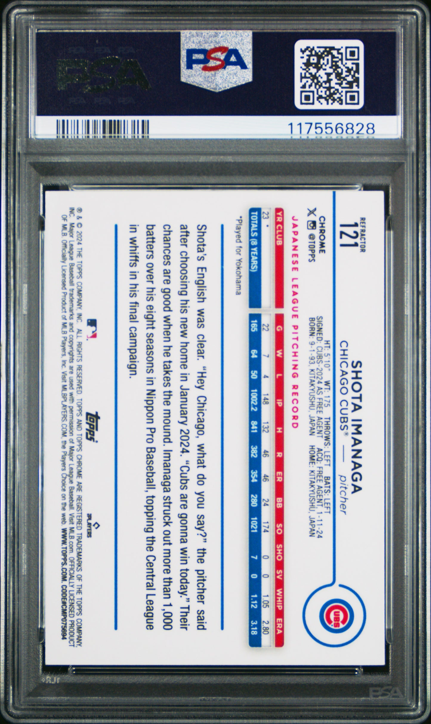 2024 Topps Chrome #121 Shota Imanaga Refractor PSA 9