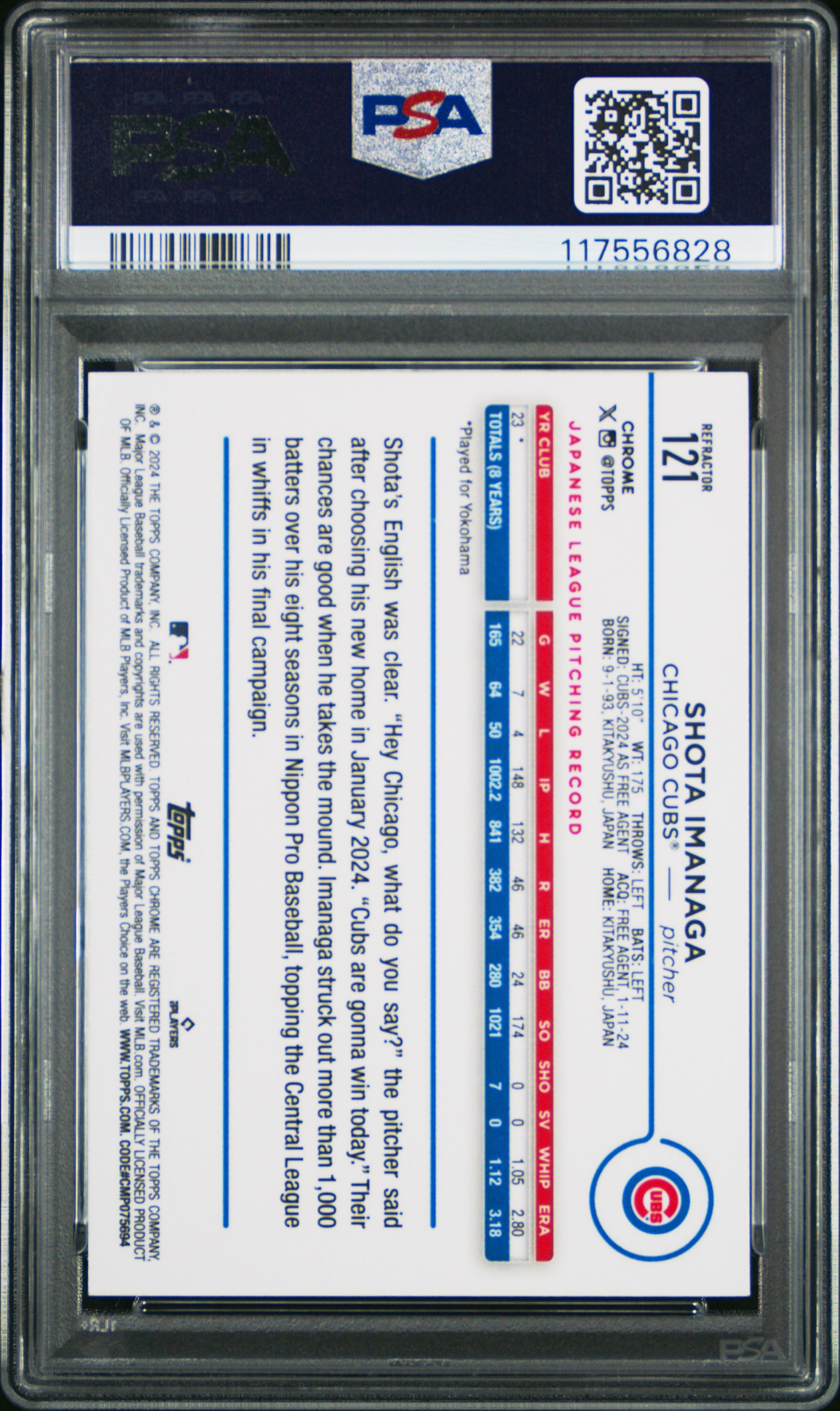2024 Topps Chrome #121 Shota Imanaga Refractor PSA 9