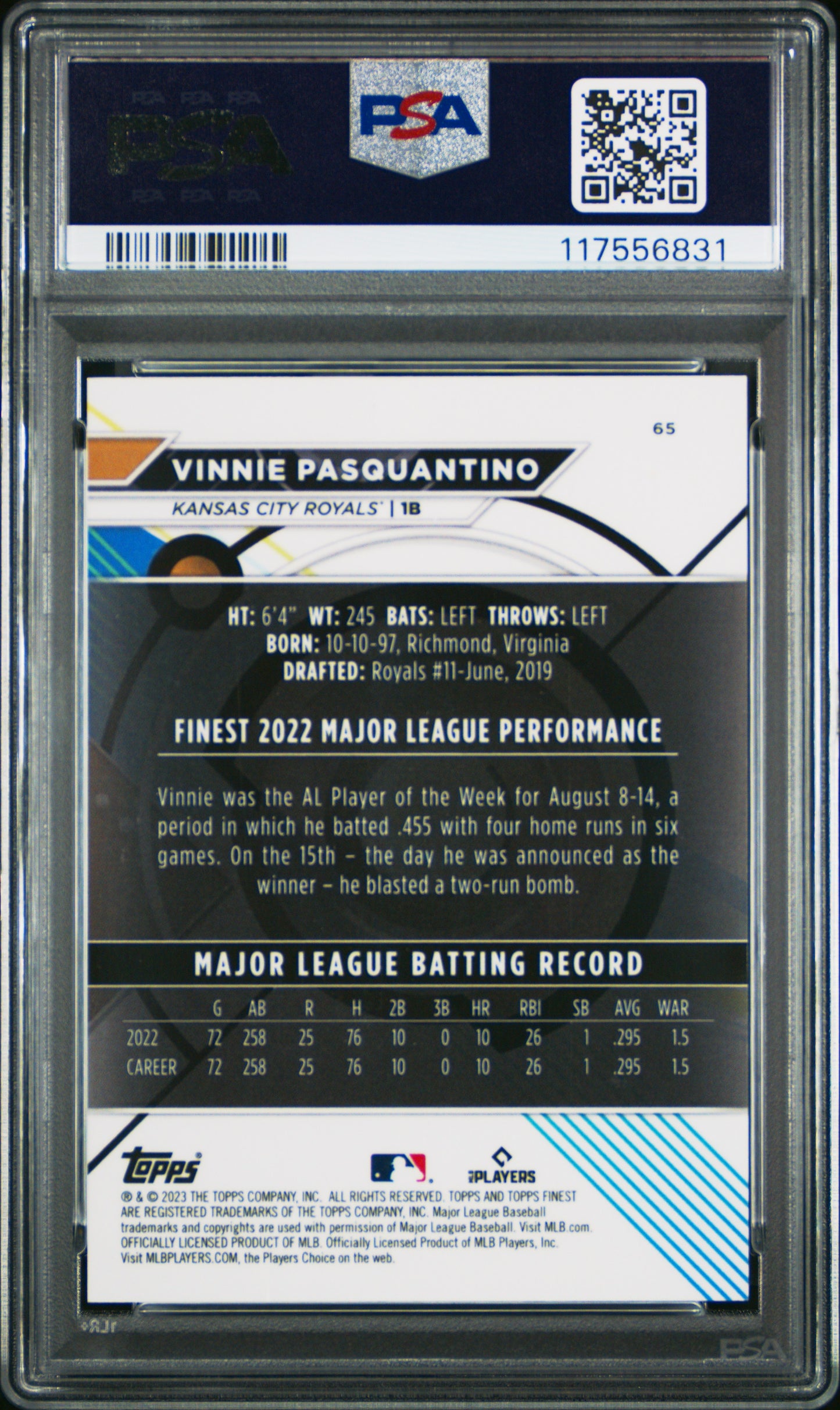 2023 Topps Finest #65 Vinnie Pasquantino Blue PSA 10